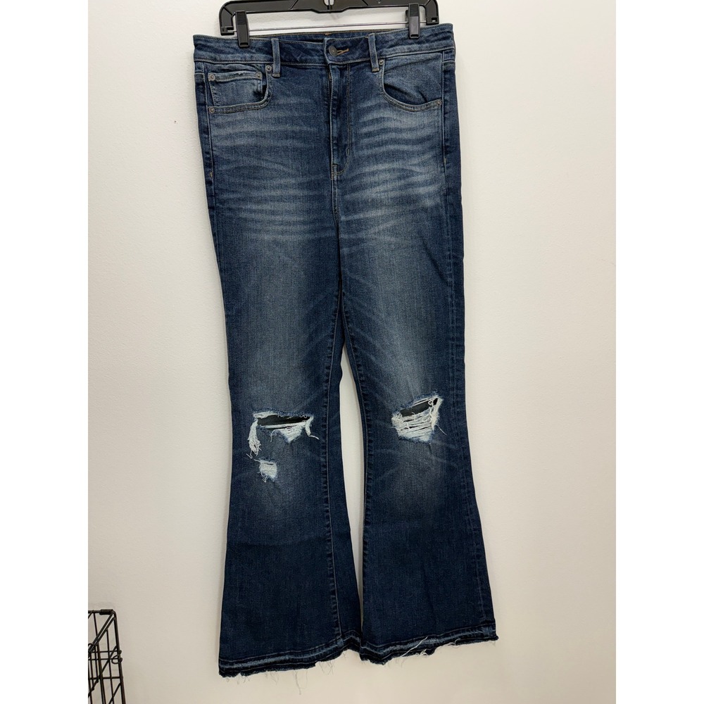American Eagle Super Stretch Flare Jeans 12 R Distressed High Rise Raw Hem Blue